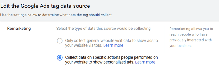 edit the google ads tag data source