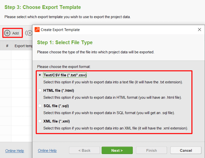 choose the exported data format