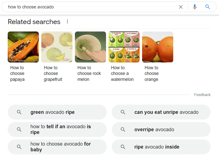 Google Related searches for how to choose avocado