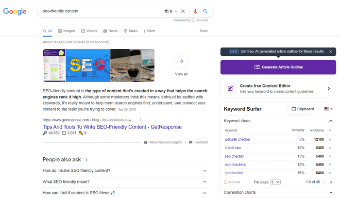 Checking out keyword right in the SERP with Chrome extension