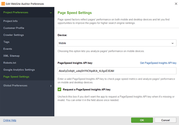 PageSpeed API integration settings