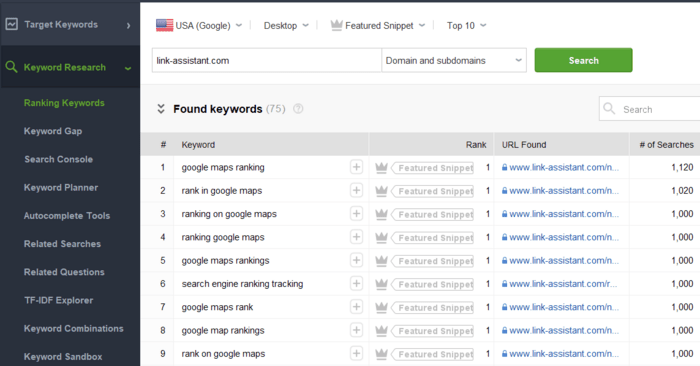 Finding top keywords and SERP features in Keyword Research