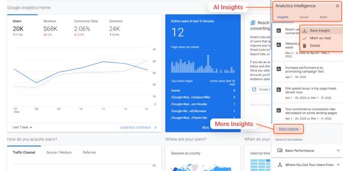 Automated Insights in Universal Analytics are available in the top-right bar