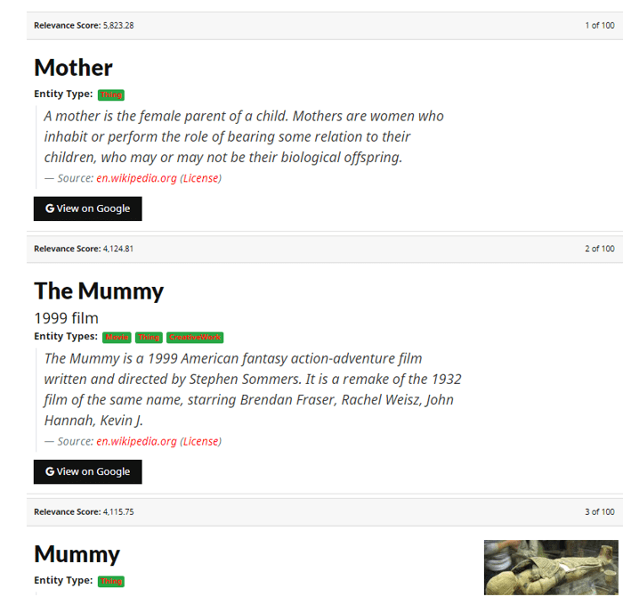Knowledge Graph search tool discovered a lot of various entities ofr the word mummy