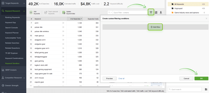 adding filters in Rank Tracker