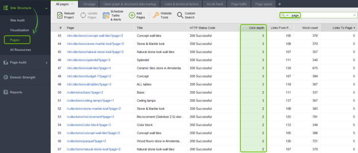 checking click depth in WebSite Auditor