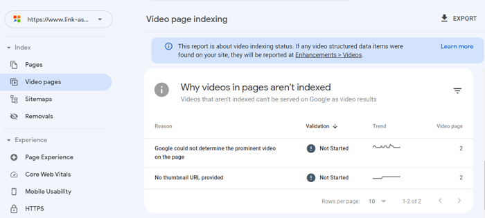 Notifications of video indexing issues in Search Console