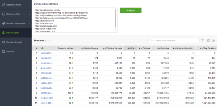 Bulk Analysis to check the quality of backink profiles of up to 200 domains