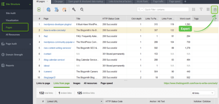 Find all pages for content pruning in Site Audit > Pages section and get them ready to export