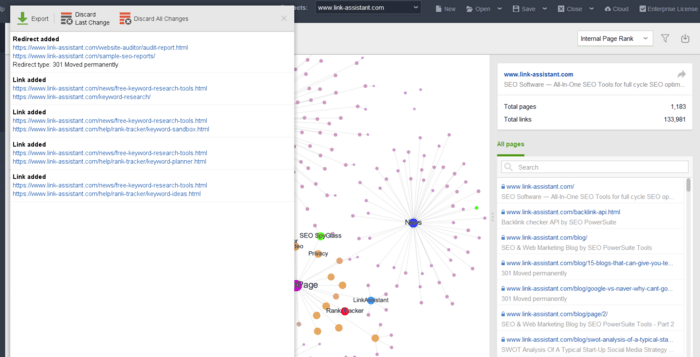 Adding page and links changes in the visual sitemap