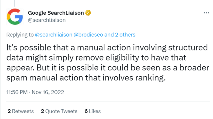 Tweet about manual action for misleading structured data