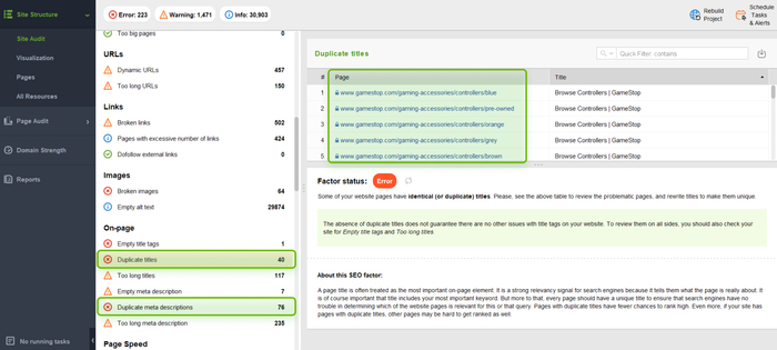 duplicate titles and meta descriptions in WebSite Auditor