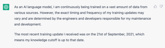 ChatGPT response about recent training date