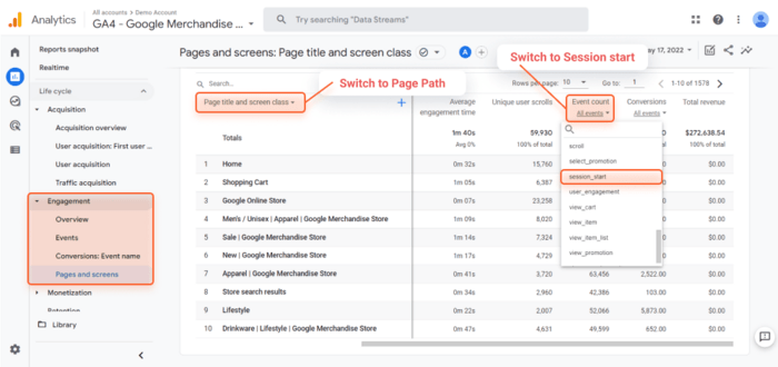 Getting all pages in Google Analytics 4