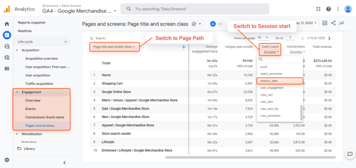 Obtener todas las páginas en Google Analytics 4