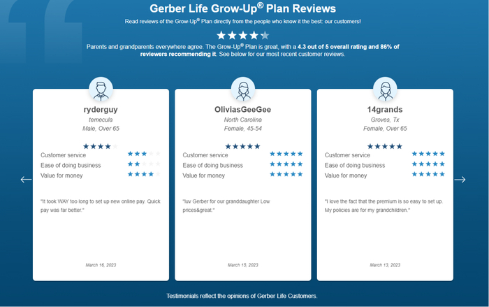 Gerber reviews displayed on a site