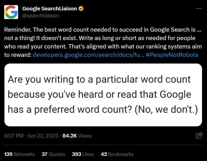 Google has recently said that it is not the word count that matters