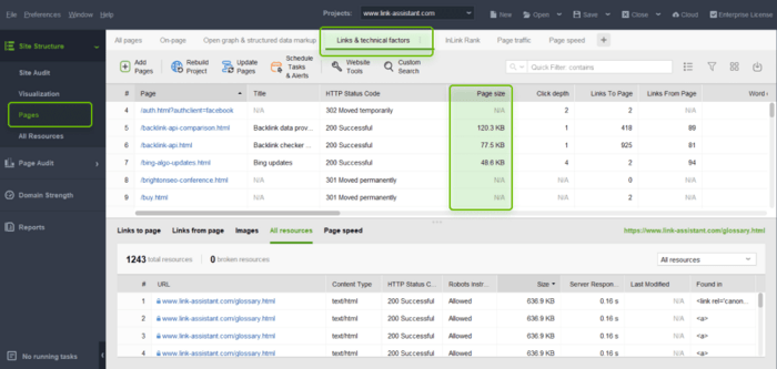 Check the size of any page in the Links & technical factors tab of the Site audit module