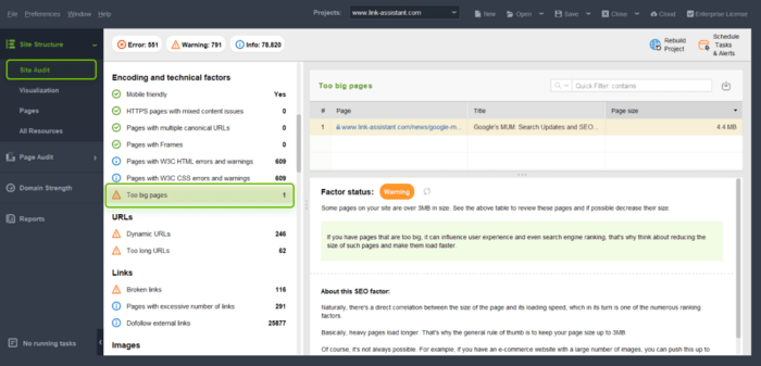 Waarschuwing over te grote pagina's in de Site Audit-module