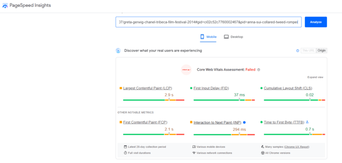 Exemplo de relatório PageSpeed ​​​​Insights