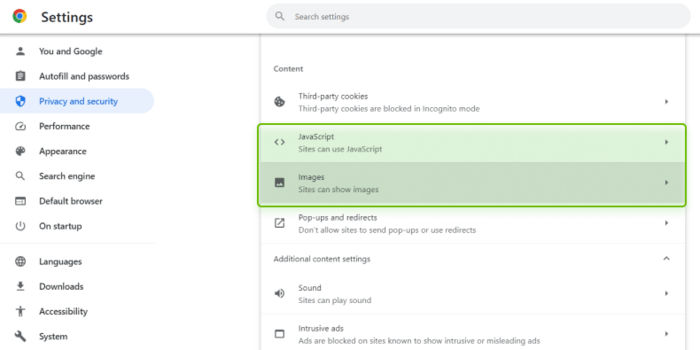 Enable access to images in Coogle Chrome browser settings