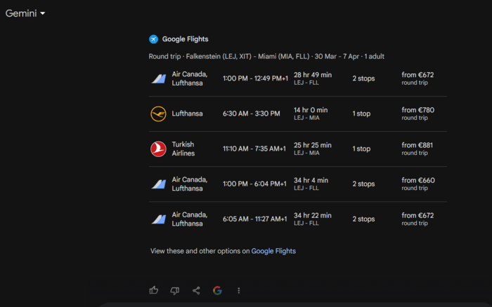 Google flights used in Gemini chatbot