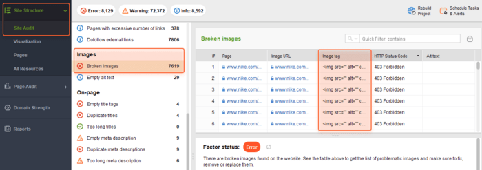 Precise tags for broken images in Site Audit