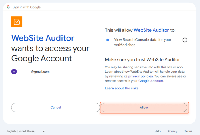 grant WebSite Auditor access to GSC