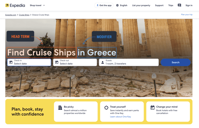 Example of head term with modifier on Expedia