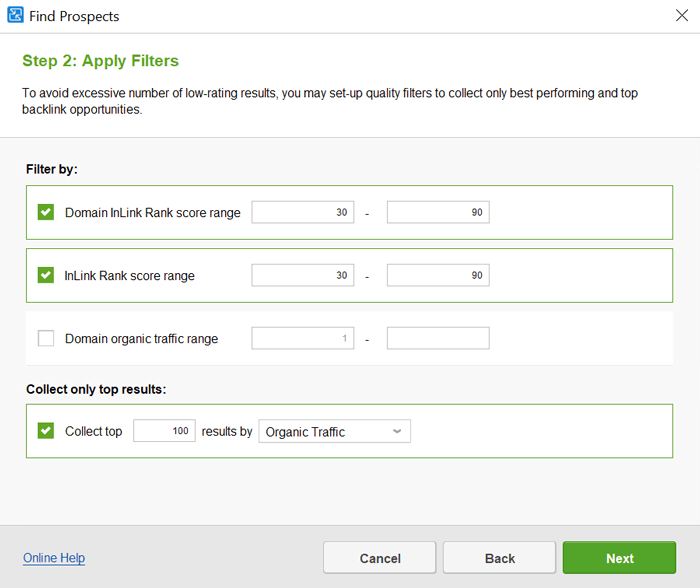 Filter your prospects by Domain Authority and InLink Rank