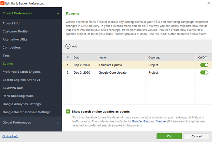 Manage tracked events from Project Preferences