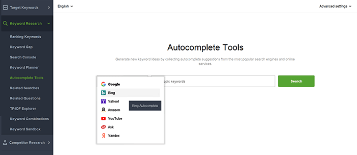 Autocomplete tools in Rank Tracker include Bing search suggestions