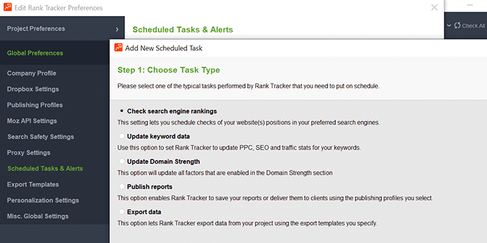 Schedule tasks and alerts in Rank Tracker