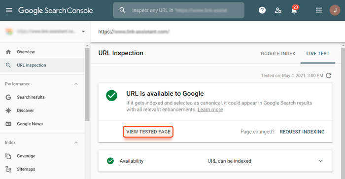 view tested page on google search console