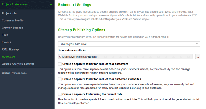 robots txt settings with website auditor