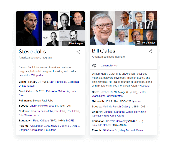 Knowledge Graph in Google for Steve Jobs and Bill Gates