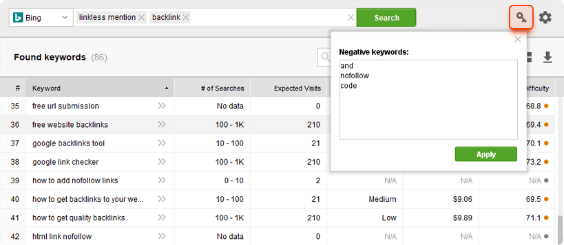 Negative filter for Bing keyword research