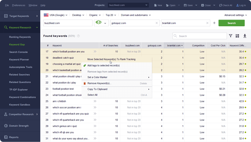 Move selected keywords to Rank Tracking
