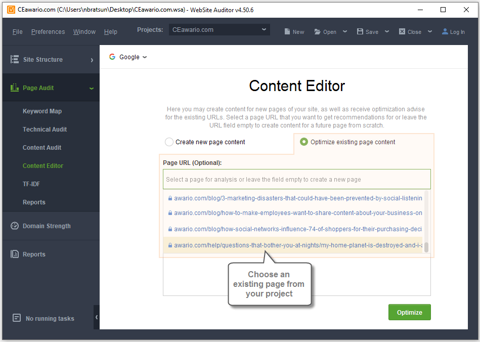 Optimize an existing page with Content Editor