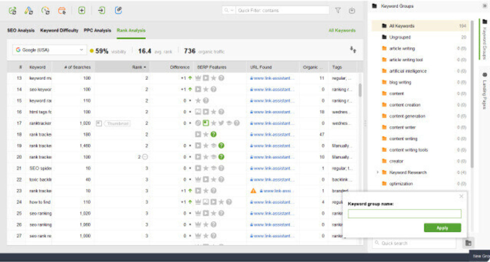 Keyword grouping tool for SEO in Rank Tracker