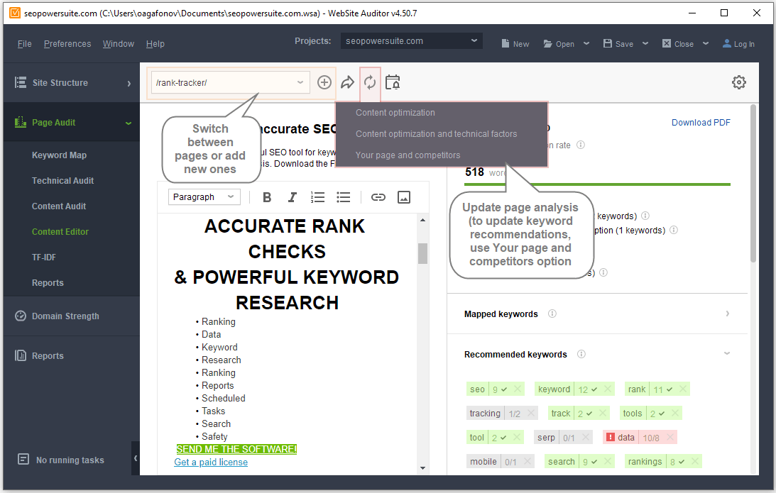 Update page and keyword data