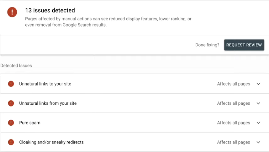 Báo cáo lỗi tác vụ thủ công trong Google Search Console