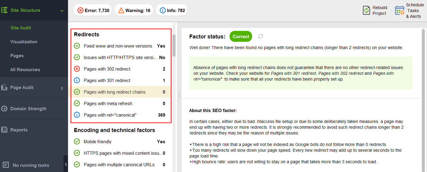 errores de redirección en el auditor del sitio web