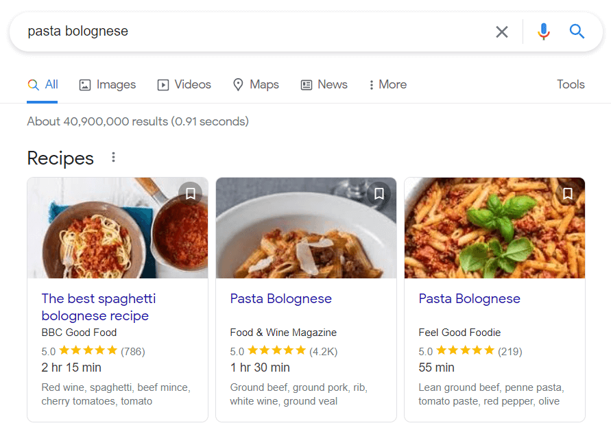 Recipes carousel on Google