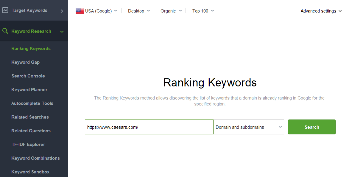 Ranking Keywords module of Rank Tracker