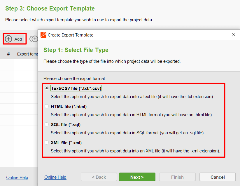 choose the exported data format