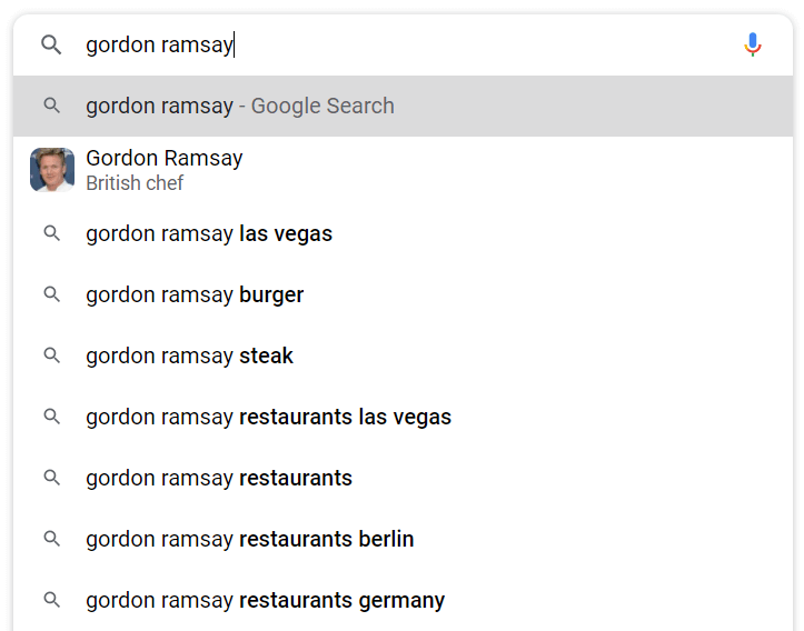 Google Autocomplete suggestions for Gordon Ramsay