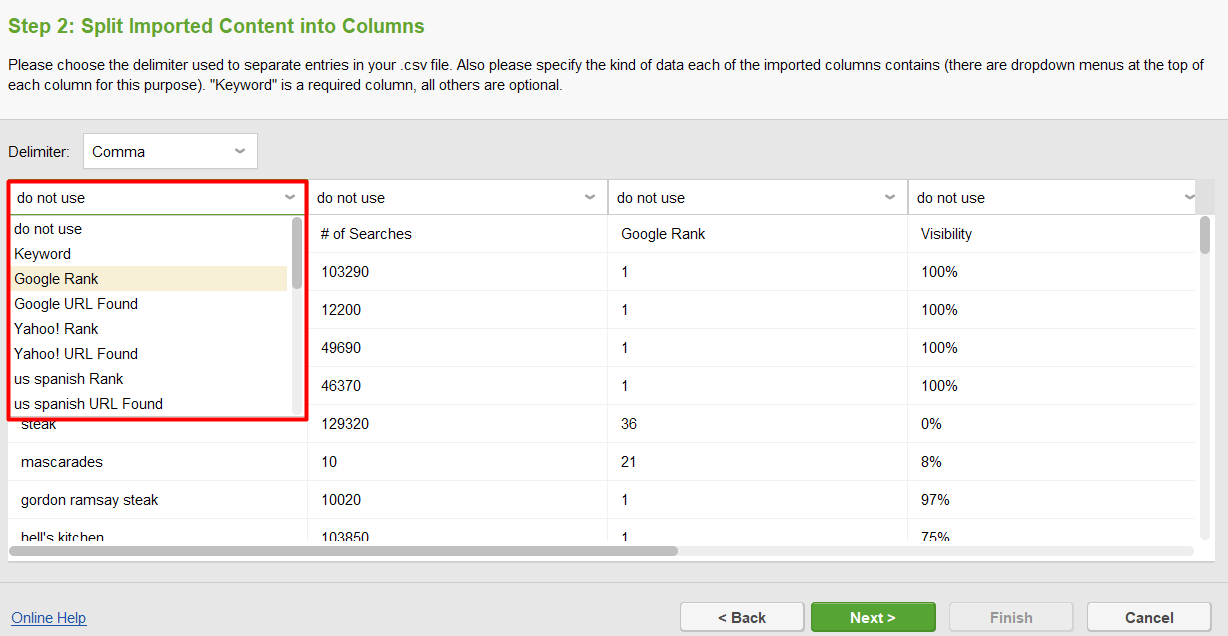 specify what columns to import