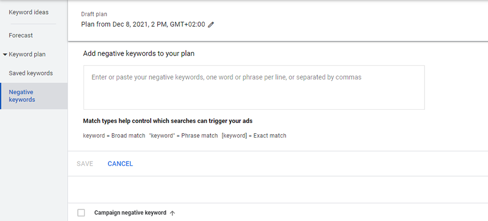 Define exact match and negative keywords in Google Keyword tool