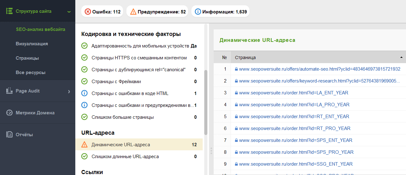 WebSite Auditor поможет найти динамические и слишком длинные URL-адреса